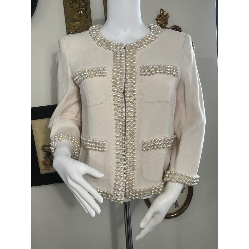 Vintage Zelda Ivory Cream Pearl Beaded Trim Open Front Blazer Jacket Size 4